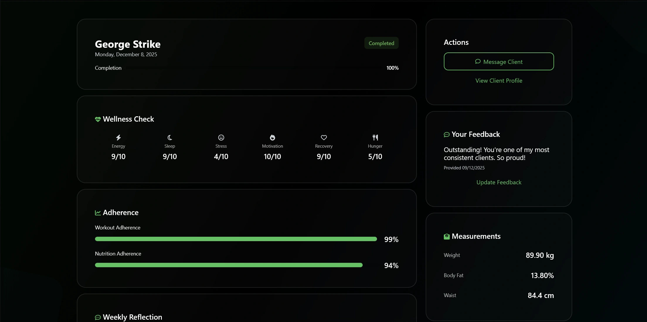 Client check-in screen in personal trainer app showing progress photos, measurements and custom questions