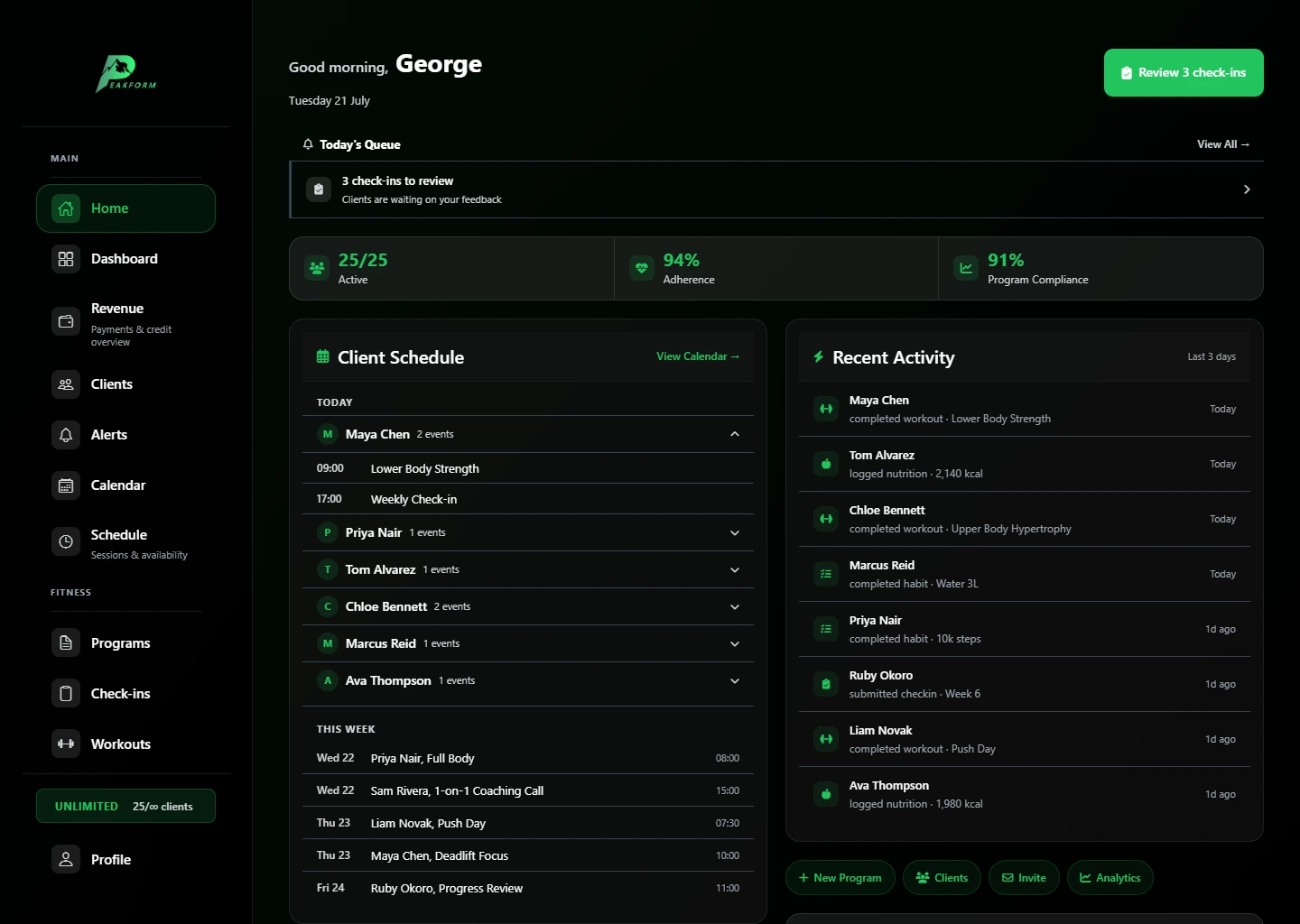 Fitness coaching software dashboard showing client health and engagement at a glance