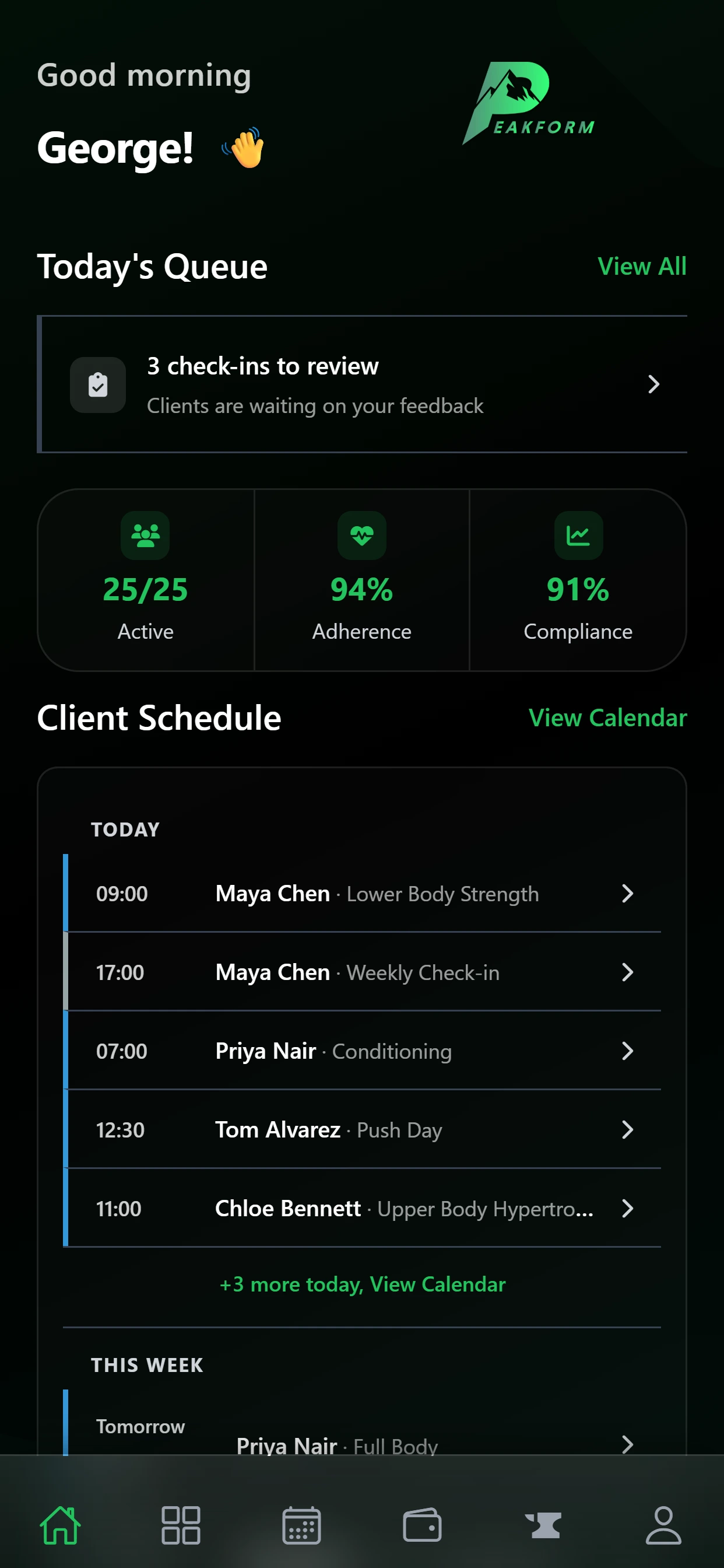 Personal trainer app showing the coach dashboard on mobile