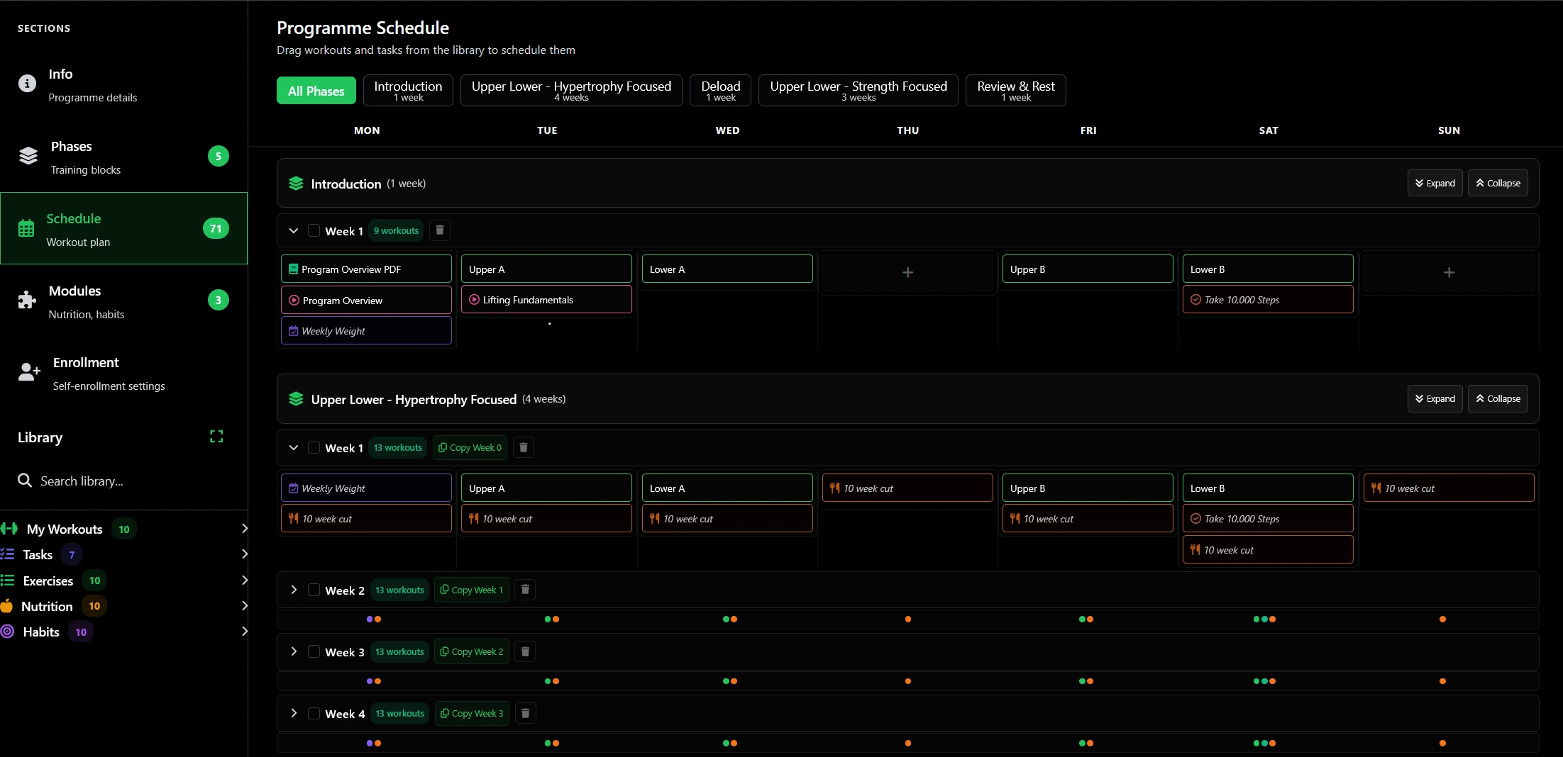 Workout programme builder in fitness coaching software showing a multi-week programme with exercises, sets and reps