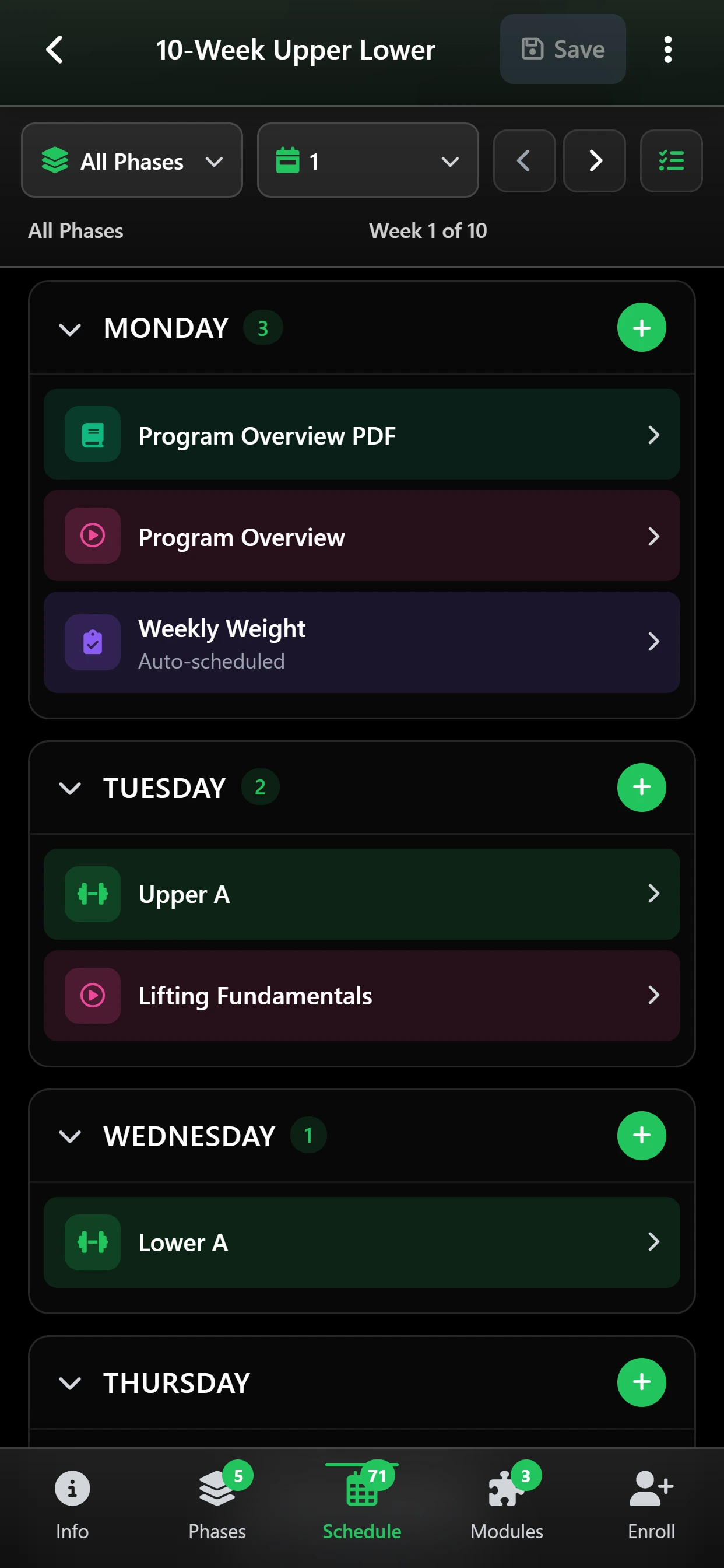 Peakform programme builder schedule on the mobile app